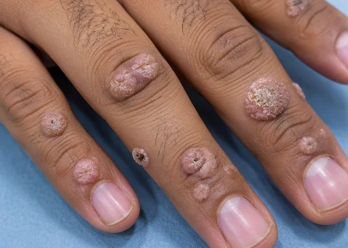AI-generated clinical close-up of common rough HPV-type warts on fingers