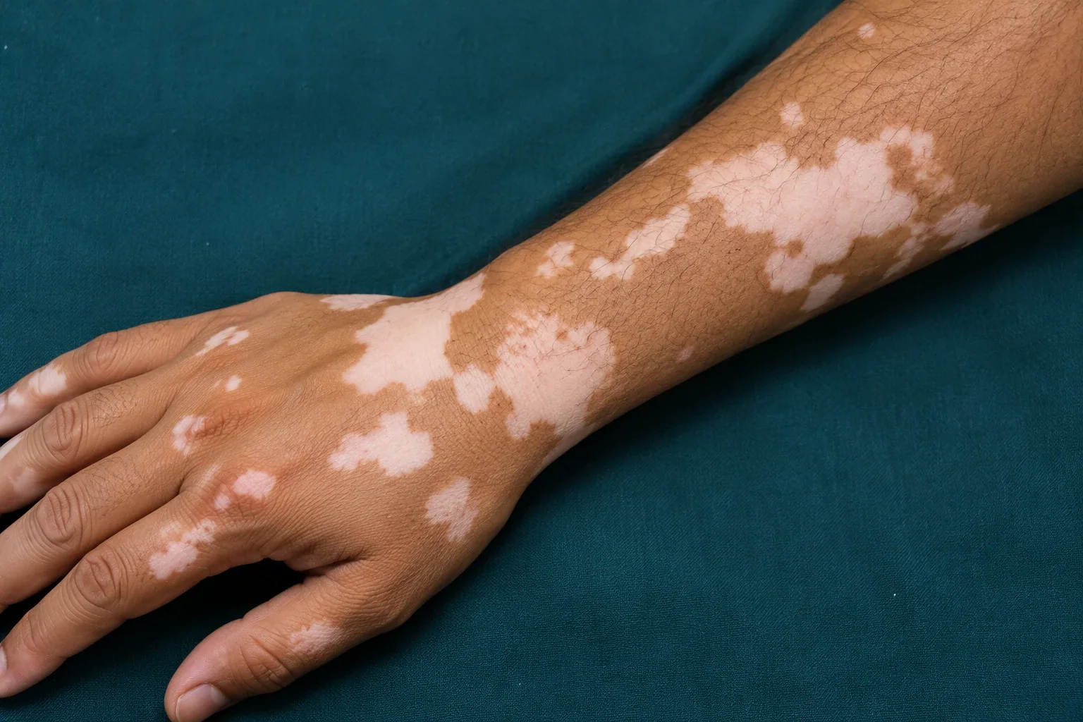 AI-generated realistic close-up of vitiligo with sharply depigmented patches on a hand and forearm