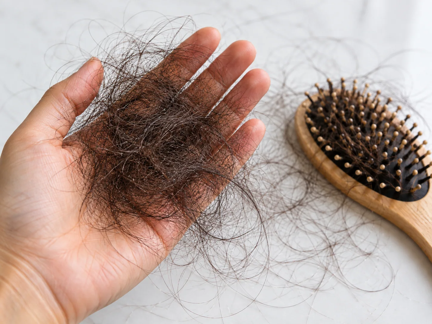 Illustrative clinical image showing severe telogen effluvium with a large amount of shed hair in the hand and additional loose hair on a brush