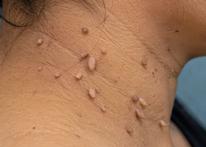 AI-generated clinical example of multiple small pedunculated skin tags on neck skin