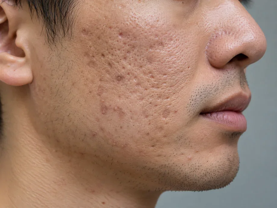Illustrative close-up showing pitted acne scars and residual dark marks on a cheek