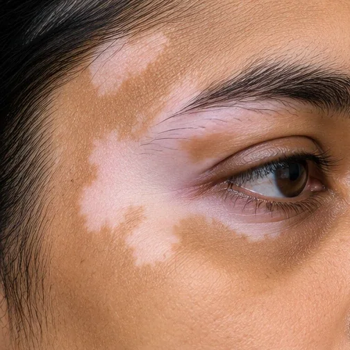 Close-up AI-generated illustration of facial vitiligo around the eye