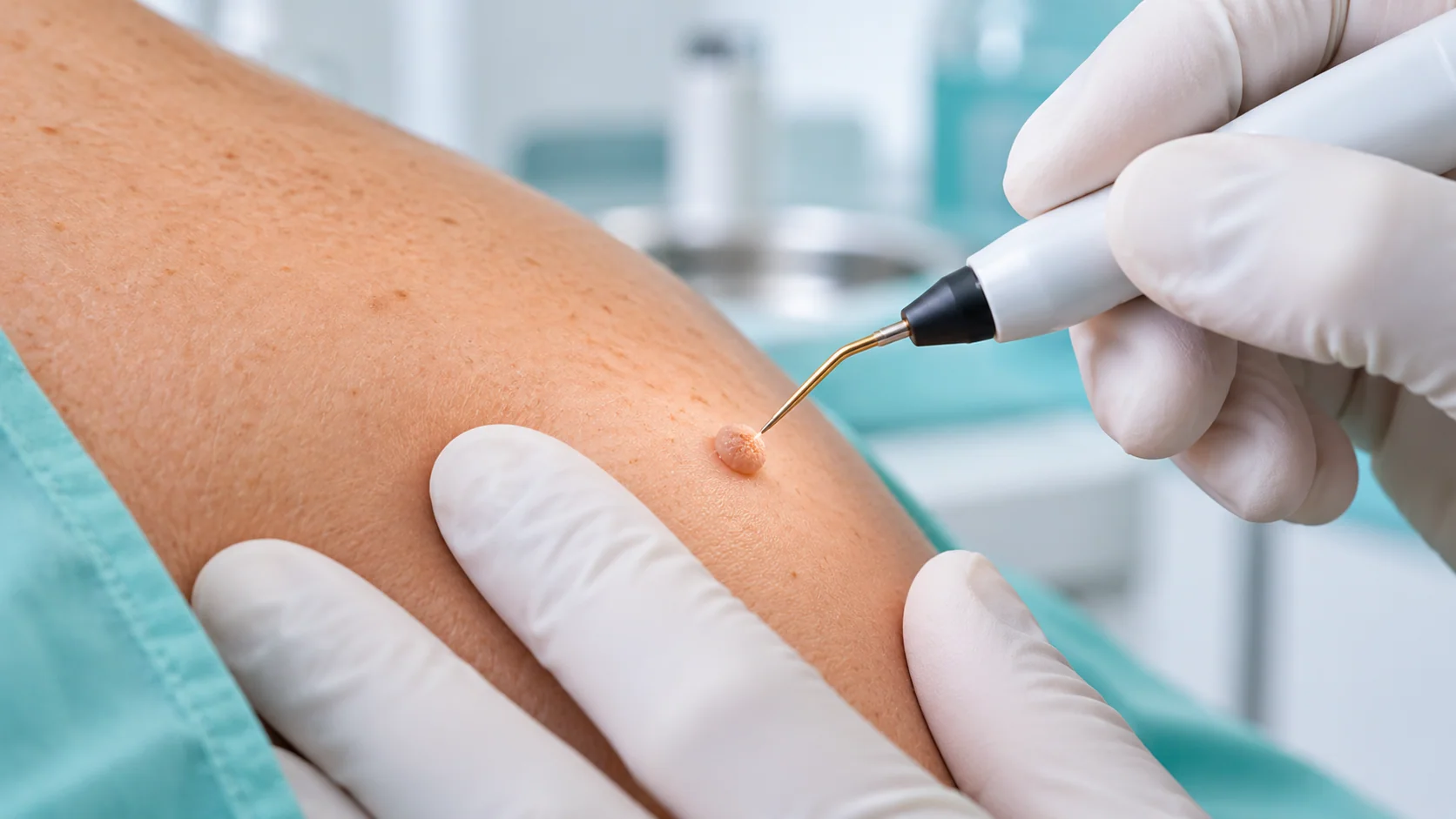 Radiofrequency cautery procedure for a raised skin lesion