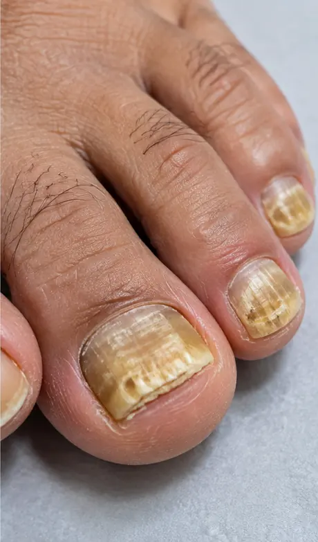 Illustration of thickened discoloured toenails that may require testing for nail fungus