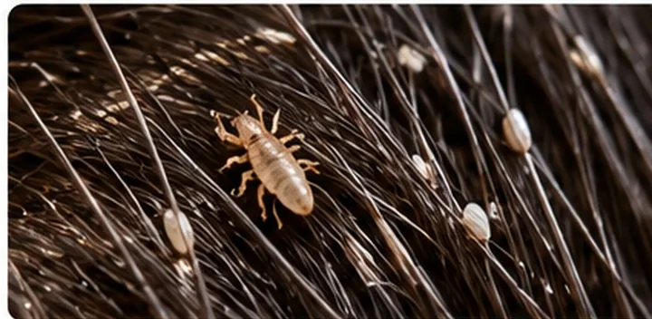 Close-up illustration of a head louse and nits on hair shafts