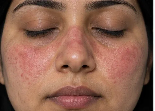 AI-generated clinical example of a bilateral malar-pattern facial rash