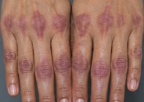 AI-generated clinical example of Gottron-like purple scaly papules over knuckles