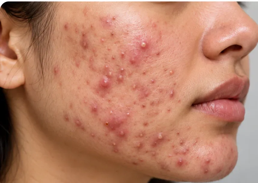 Illustrative close-up showing inflammatory acne, pimples and pustules on the cheek