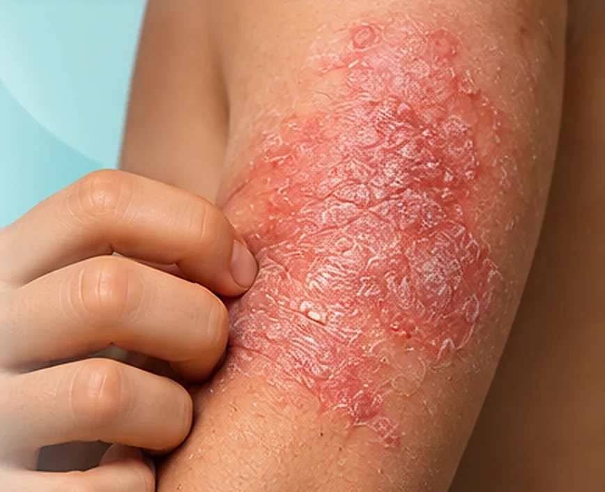 AI-generated photorealistic close-up of inflamed, dry eczematous skin on an arm, with a hand nearby