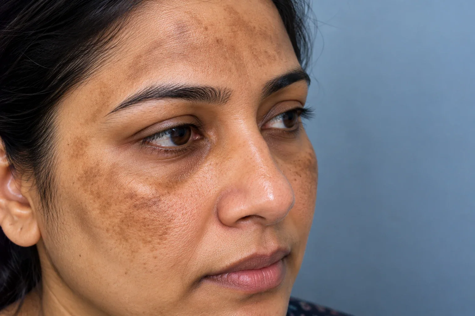 AI-generated clinical close-up illustrating patchy brown facial hyperpigmentation