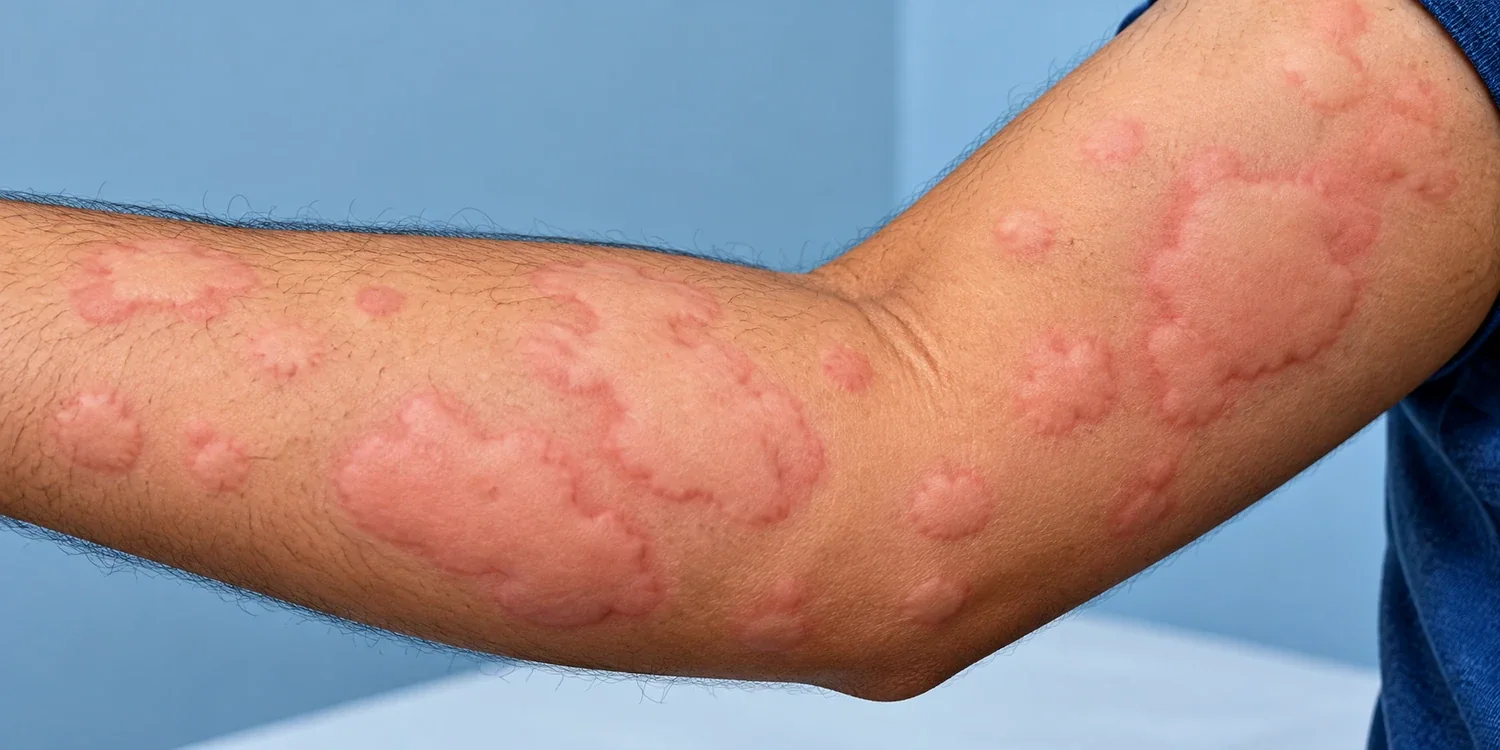 AI-generated realistic illustration of raised pink hives (urticarial wheals) on an adult forearm