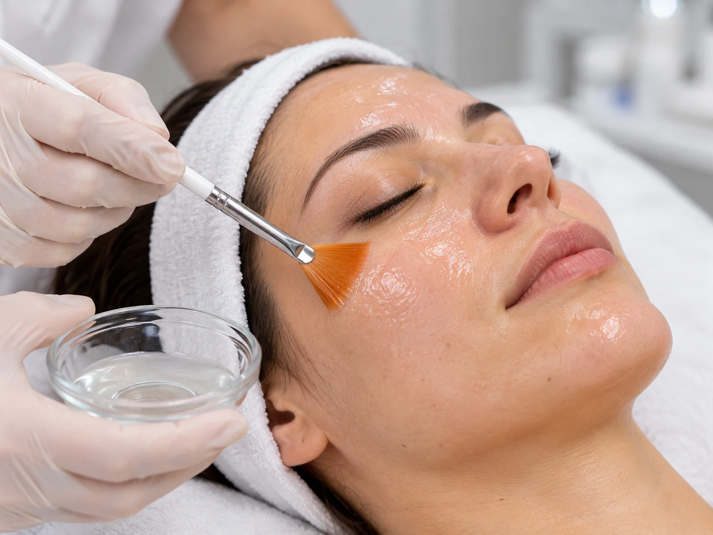 AI-generated close-up of glycolic acid chemical peel being applied to the cheek with a brush