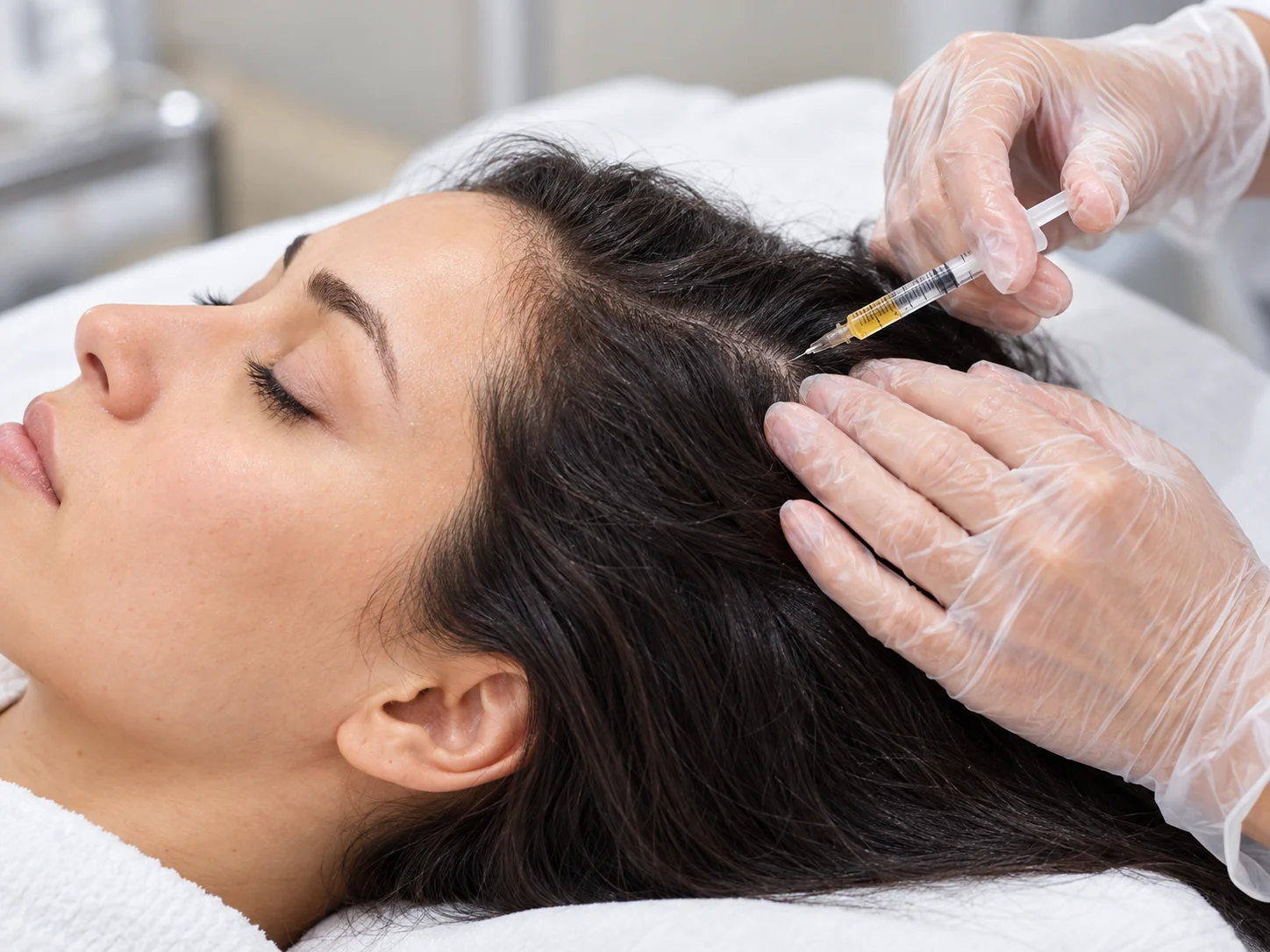 Illustrative growth-factor scalp injection procedure — AI-generated clinical image