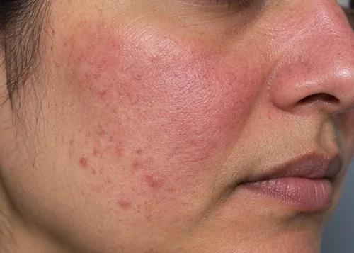 AI-generated clinical close-up of rosacea-like facial redness and inflammatory papules