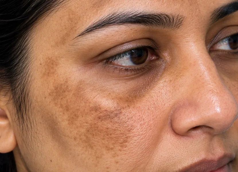 AI-generated close-up of patchy brown pigmentation on the cheek