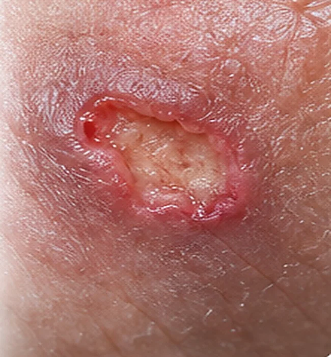 Illustrative ulcer close-up on non-identifiable skin — AI-generated medical illustration, not an actual patient photograph