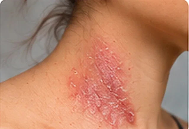 AI-generated photorealistic example of contact dermatitis affecting the side of the neck