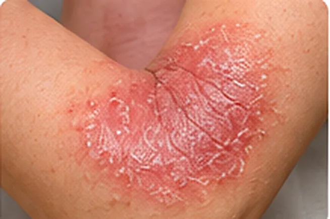AI-generated photorealistic example of atopic dermatitis in an elbow fold