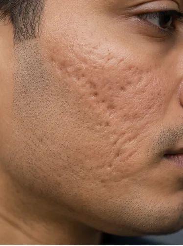 AI-generated educational illustration of atrophic acne scarring; not a real patient photo