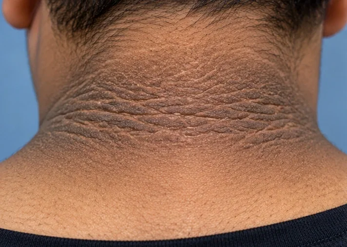 AI-generated clinical example of dark velvety thickening at the back of the neck