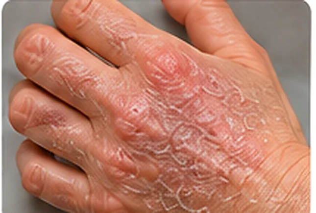 AI-generated photorealistic example of hand eczema with dryness and scaling
