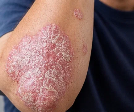 AI-generated realistic medical illustration showing scaly plaque psoriasis on an elbow