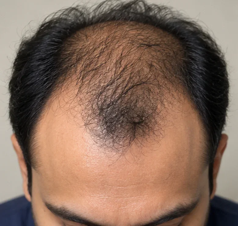 AI-generated clinical illustration showing male pattern hair loss or its characteristic hair/scalp appearance