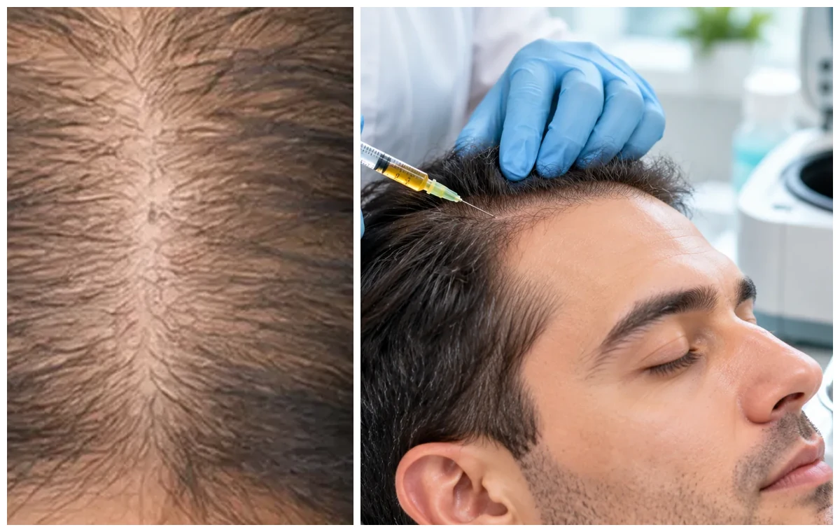 AI-generated photorealistic educational montage of hair thinning assessment and a scalp growth-factor injection procedure